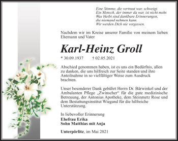 Traueranzeige von Karl-Heinz Groll von Südthüringer Presse