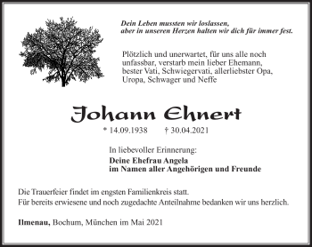 Traueranzeige von Johann Ehnert von Südthüringer Presse