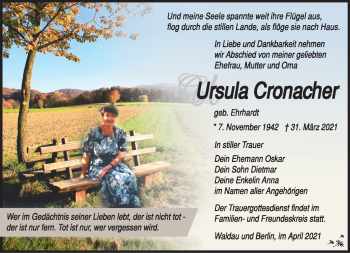 Traueranzeige von Ursula Cronacher von Südthüringer Presse