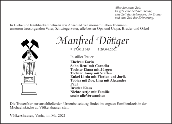 Traueranzeige von Manfred Döttger von Südthüringer Presse