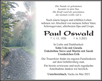 Traueranzeige von Paul Oswald von Südthüringer Presse