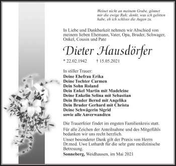 Traueranzeige von Dieter Hausdörfer von Südthüringer Presse