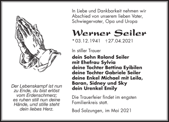 Traueranzeige von Werner Seiler von Südthüringer Presse