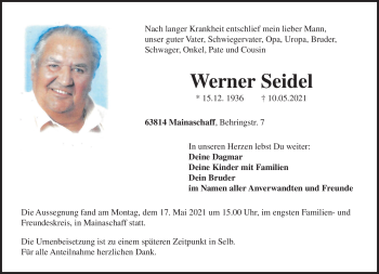 Traueranzeige von Werner Seidel von Frankenpost