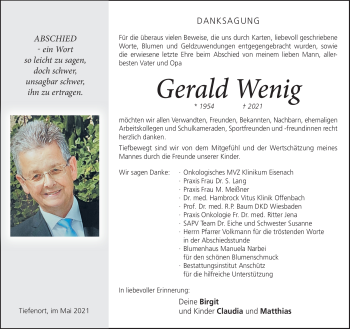 Traueranzeige von Gerald Wenig von Südthüringer Presse