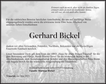 Traueranzeige von Gerhard Bickel von Südthüringer Presse