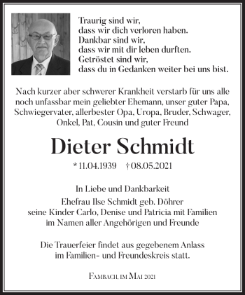 Traueranzeige von Dieter Schmidt von Südthüringer Presse