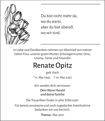 Traueranzeige von Renate Opitz von Südthüringer Presse