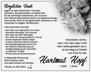 Traueranzeige von Hartmut Hopf von Südthüringer Presse