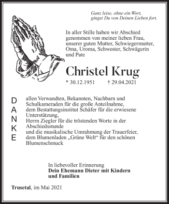 Traueranzeige von Christel Krug von Südthüringer Presse