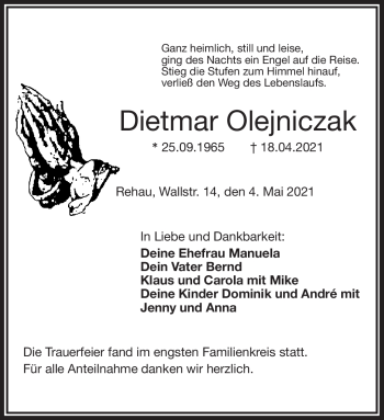 Traueranzeige von Dietmar Oejniczak von Frankenpost