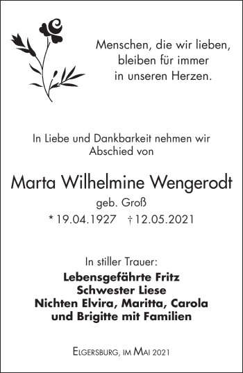 Traueranzeige von Marta Wilhelmine Wengerodt von Südthüringer Presse