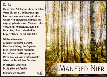 Traueranzeige von Manfred Nier von Südthüringer Presse