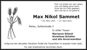 Traueranzeige von Max Sammet von Frankenpost