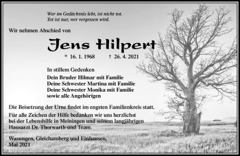 Traueranzeige von Jens Hilpert von Südthüringer Presse