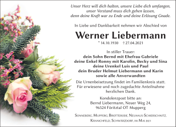 Traueranzeige von Werner Liebermann von Südthüringer Presse