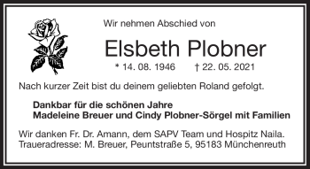 Traueranzeige von Elsbeth Plobner von Frankenpost