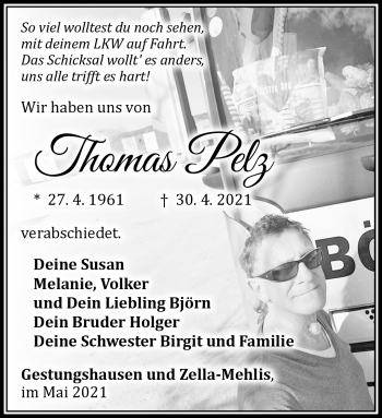 Traueranzeige von Thomas Pelz von Südthüringer Presse