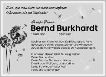 Traueranzeige von Bernd Burkhardt von Südthüringer Presse
