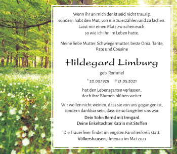 Traueranzeige von Hildegard Limburg von Südthüringer Presse