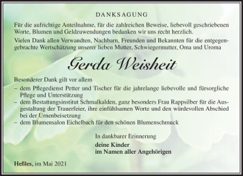 Traueranzeige von Gerda Weisheit von Südthüringer Presse