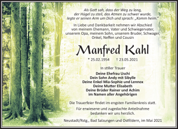 Traueranzeige von Manfred Kahl von Südthüringer Presse