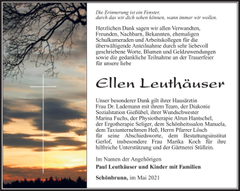 Traueranzeige von Ellen Leuthäuser von Südthüringer Presse