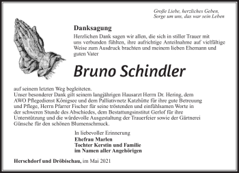 Traueranzeige von Bruno Schindler von Südthüringer Presse
