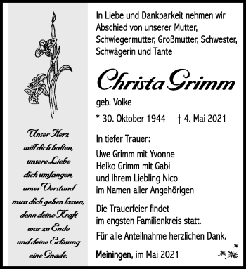 Traueranzeige von Christa Grimm von Südthüringer Presse