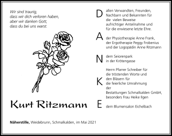 Traueranzeige von Kurt Ritzmann von Südthüringer Presse