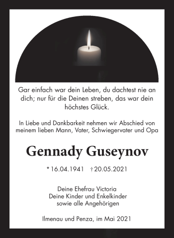 Traueranzeige von Gennady Guseynov von Südthüringer Presse