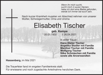 Traueranzeige von Elisabeth Tischer von Neue Presse Coburg