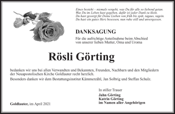 Traueranzeige von Rösli Görting von Südthüringer Presse