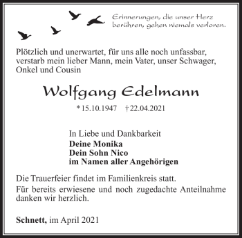 Traueranzeige von Wolfgang Edelmann von Südthüringer Presse