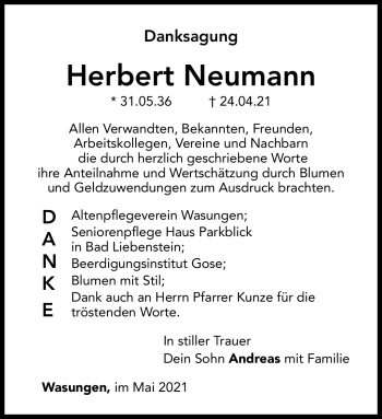 Traueranzeige von Herbert Neumann von Südthüringer Presse