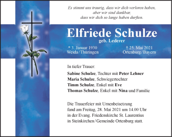 Traueranzeige von Elfriede Schulz von Frankenpost
