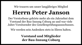 Traueranzeige von Peter Janson von Neue Presse Coburg