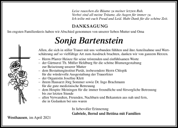 Traueranzeige von Sonja Bartenstein von Südthüringer Presse