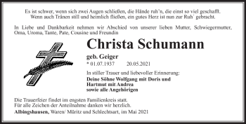 Traueranzeige von Christa Schumann von Südthüringer Presse