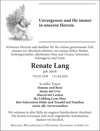 Traueranzeige von Renate Lang von Südthüringer Presse