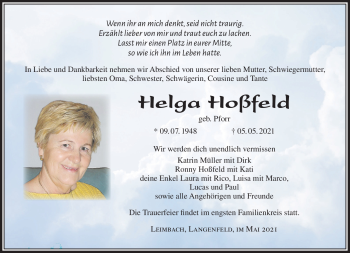 Traueranzeige von Helga Hoßfeld von Südthüringer Presse