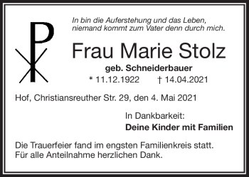 Traueranzeige von Marie Stolz von Frankenpost