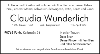Traueranzeige von Claudia Wunderlich von Frankenpost