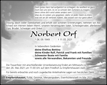 Traueranzeige von Norbert Orf von Südthüringer Presse