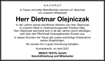 Traueranzeige von Dietmar Olejniczak von Frankenpost