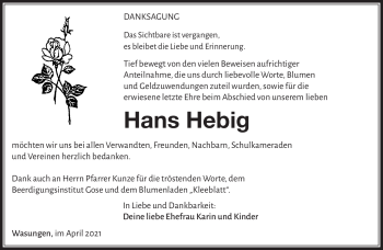 Traueranzeige von Hans Hebig von Südthüringer Presse