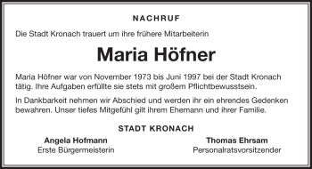 Traueranzeige von Maria Höfner von Neue Presse Coburg