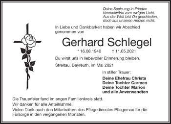 Traueranzeige von Gerhard Schlegel von Frankenpost