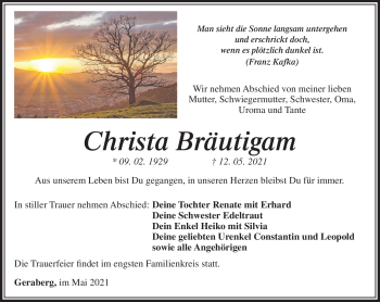 Traueranzeige von Christa Bräutigam von Südthüringer Presse