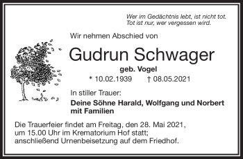 Traueranzeige von Gudrun Schwager von Frankenpost